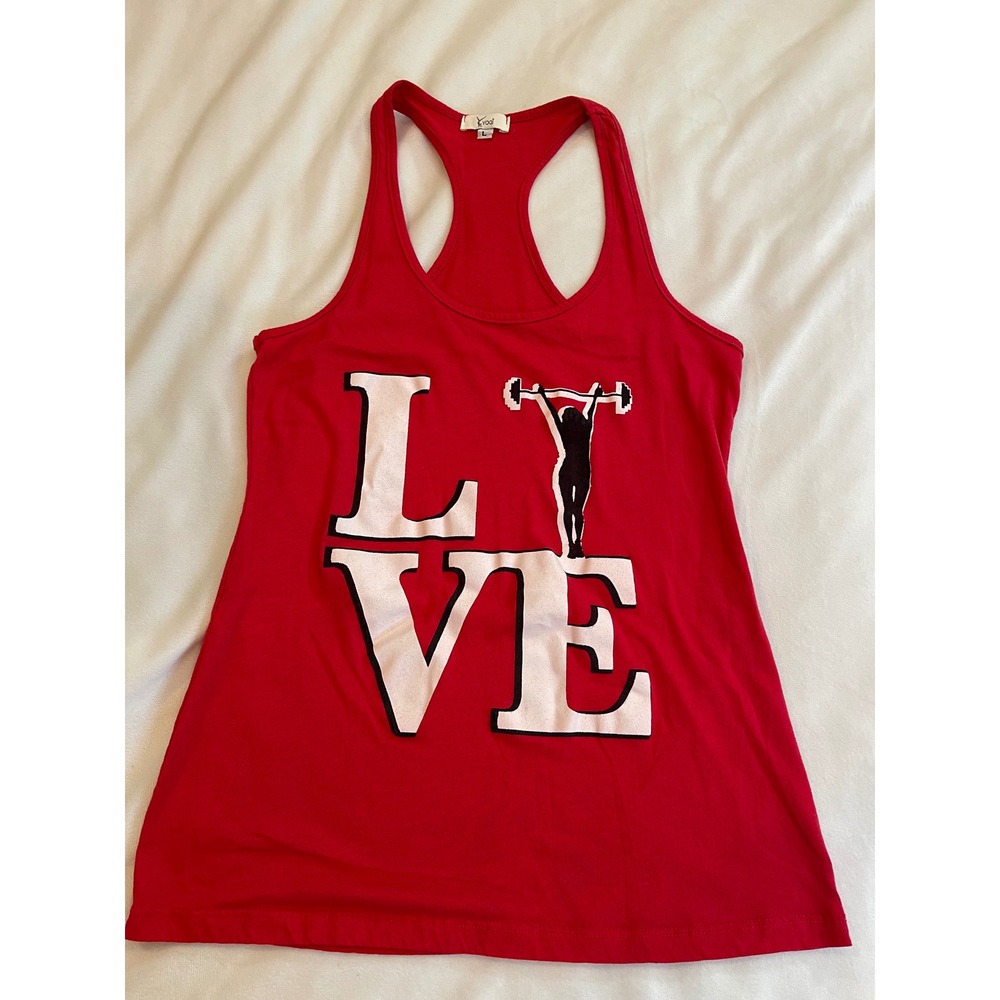 Yogi Womens Red LOVE Weightlifting Graphic Racerback Tank Top Gym Shirt L